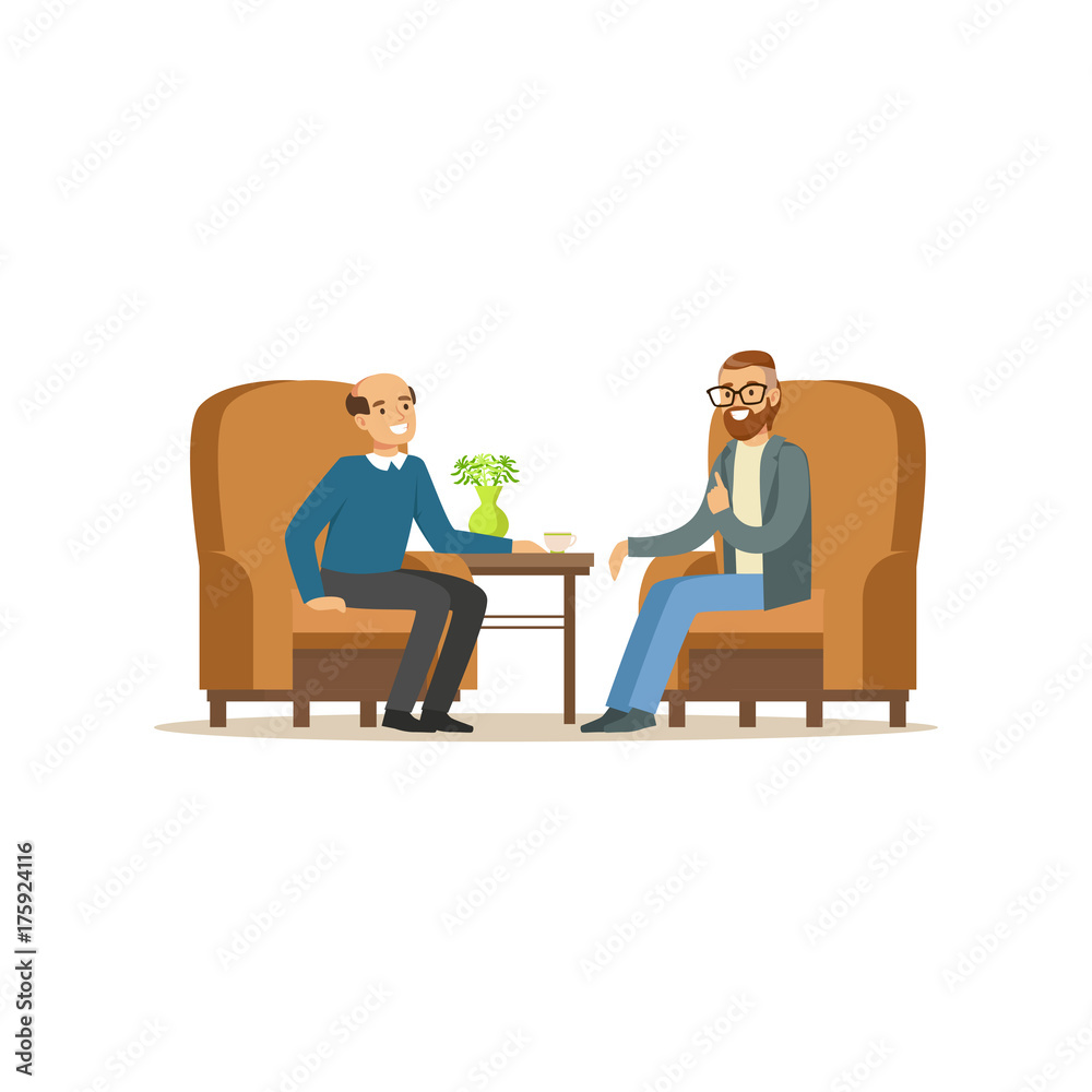 Smiling male patient character talking to male psychologist about problems, man dealing with stress, psychologist having session with patient vector Illustration