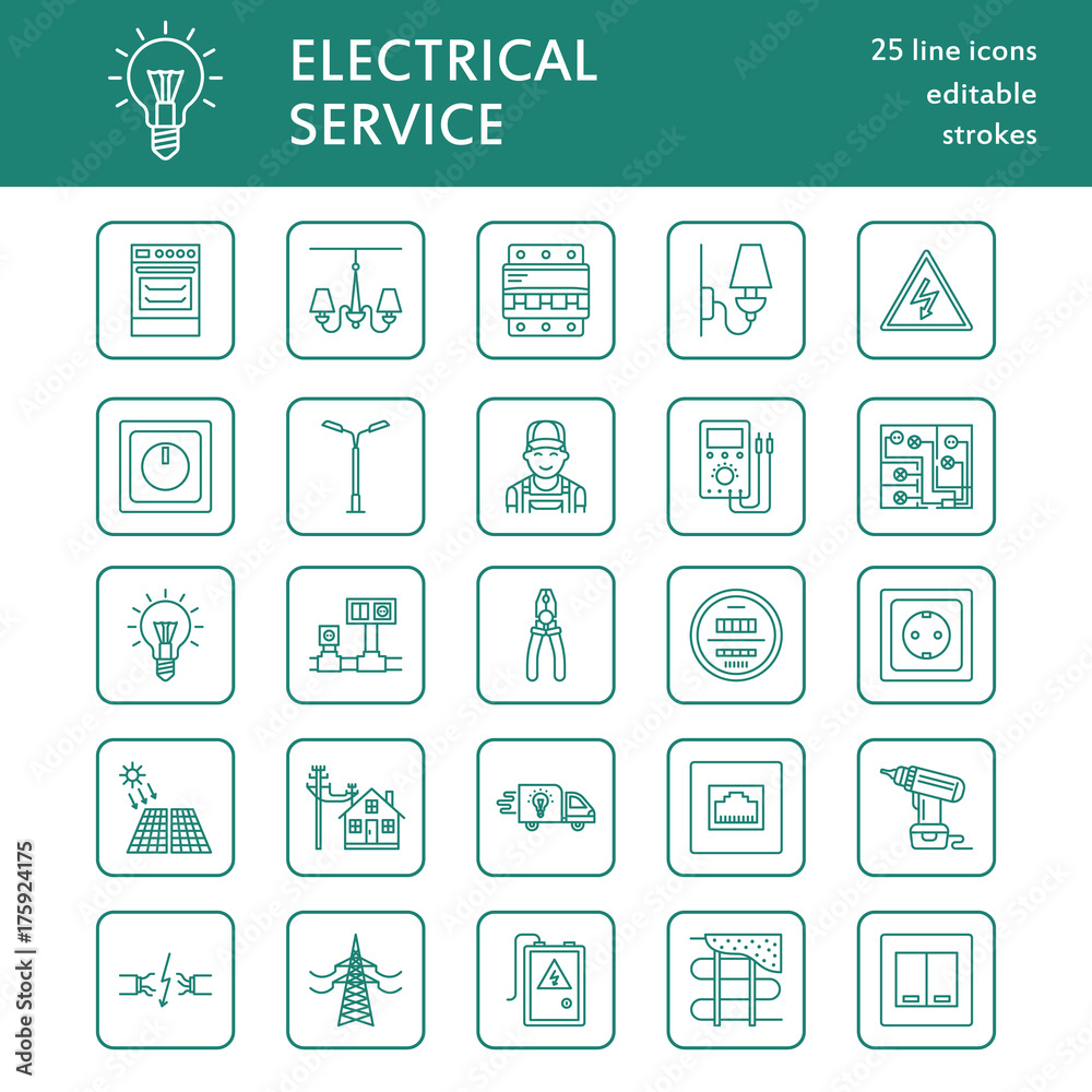Electricity engineering vector flat line icons. Electrical equipment, power socket, torn wire, energy meter, lamp, wiring design, multimeter. Electrician services signs, house repair illustration. Electricity engineering vector flat line icons. Electrical equipment, power socket, torn wire, energy meter, lamp, wiring design, multimeter. Electrician services signs, house repair illustration.