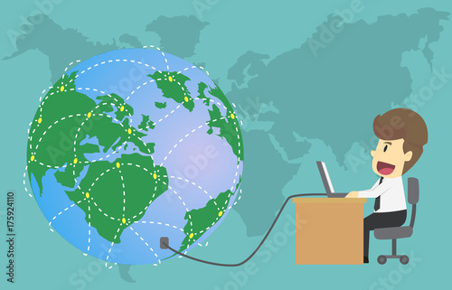 Businessman social networking people with globe and computer.Cartoon of business success is the concept of the man characters business,mood of people,background,banner, infographic.vector illustration