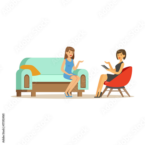 Beautiful female patient character talking to female psychologist about problems, woman dealing with stress and addiction, psychologist having session with patient vector Illustration