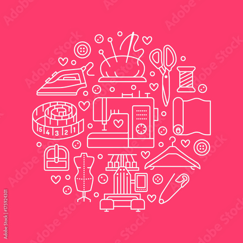 Clothing repair, alterations studio equipment banner illustration. Vector line icon tailor store services - dressmaking, clothes steaming, suit dress, garment sewing. Atelier circle template.
