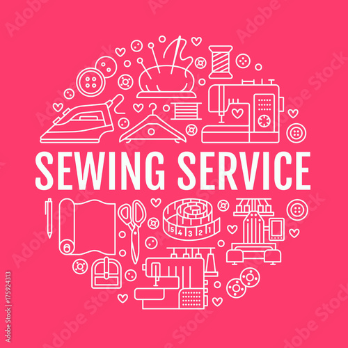 Clothing repair, sewing studio equipment banner illustration. Vector line icon of tailor store services - dressmaking, dress, garment sewing. Clothes atelier circle template with place for text.