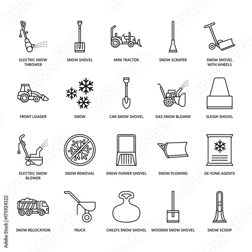 Snow removal flat line icons. Ice relocation service signs. Cold weather equipment - snow thrower, blower, truck, front loader, snow shovel. Vector illustration, industrial cleaning symbols.