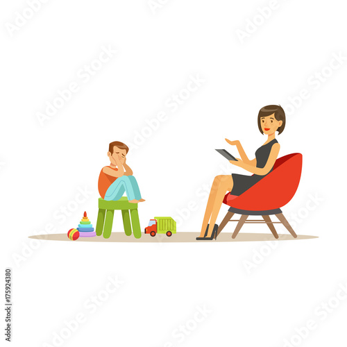 Depressed boy talking to child psychologist about problems, psychotherapy counseling, psychologist having session with patient vector Illustration