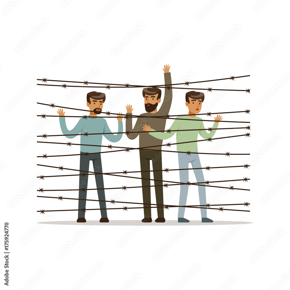 Stateless refugees facing the barbed wire fence, refugee camp, war victims concept vector Illustration