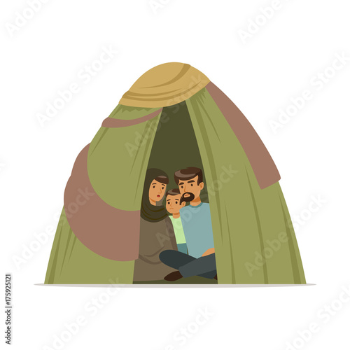 Stateless refugee family living in a camp, social assistance for refugees vector Illustration