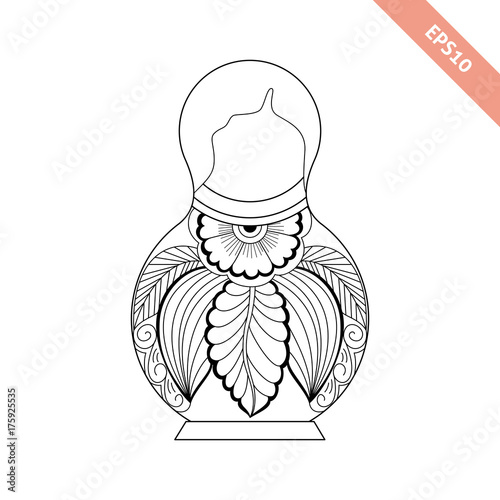 Black line nesting doll with floral ornament isolated on white background. Decorative element. Coloring page.