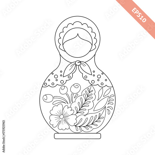 Black line nesting doll with floral ornament isolated on white background. Decorative element. Coloring page.
