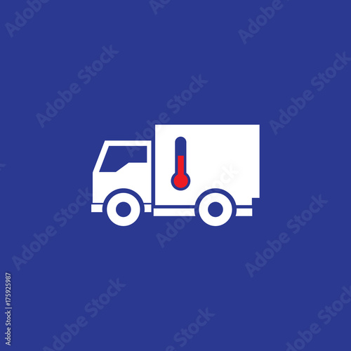 Car with refrigerator icon. Truck with thermometer on a blue background.