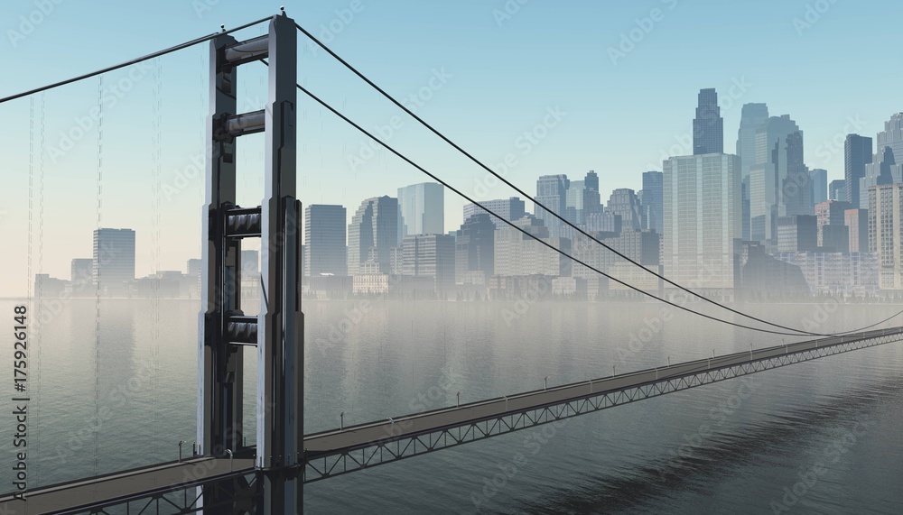 modern city with a bridge across the bay, a bridge at sunrise in the background of the city, 3d rendering
