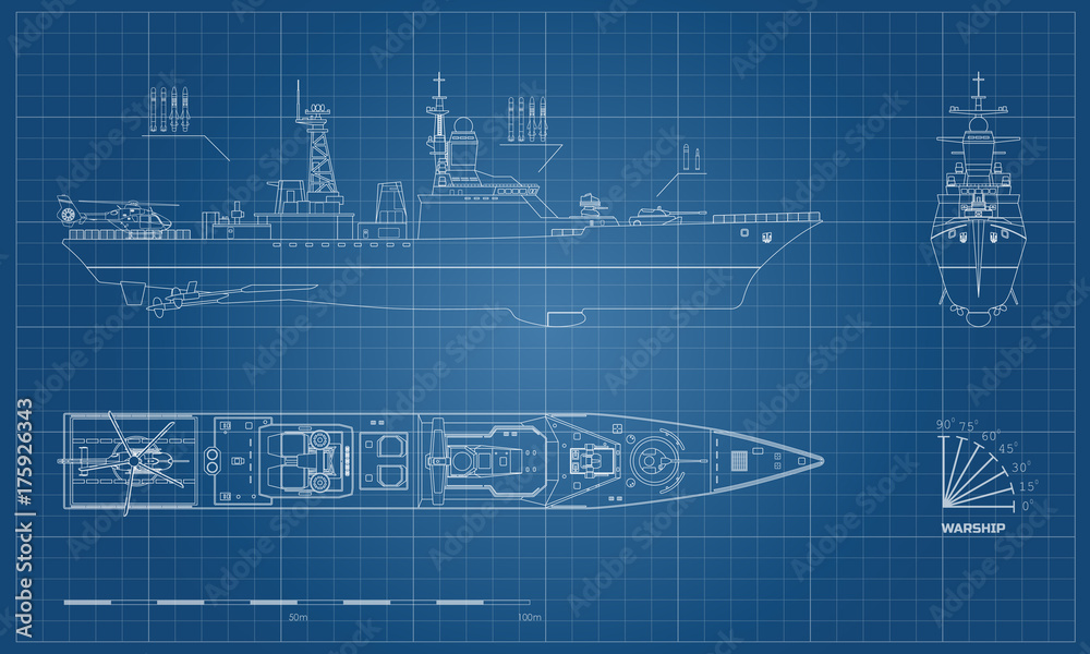 Blueprint of military ship. Top, front and side view. Battleship model