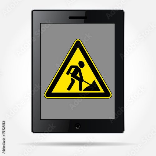 Black tablet with image sign of repair work. Repair of electronic devices. Vector Image.