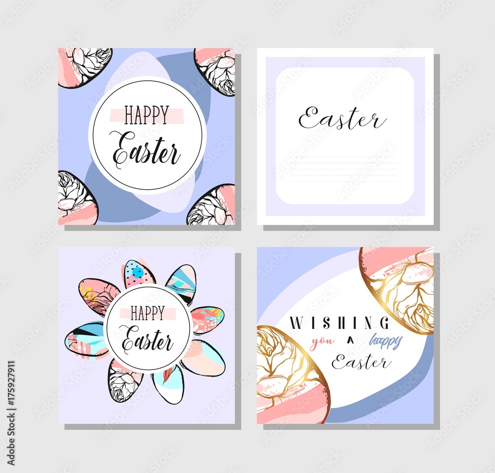 Hand drawn vector abstract creative Easter greeting cards collection set templates with painted golden Easter eggs isolated on violet backgrounds.Design for invitations,journalings,greetings.