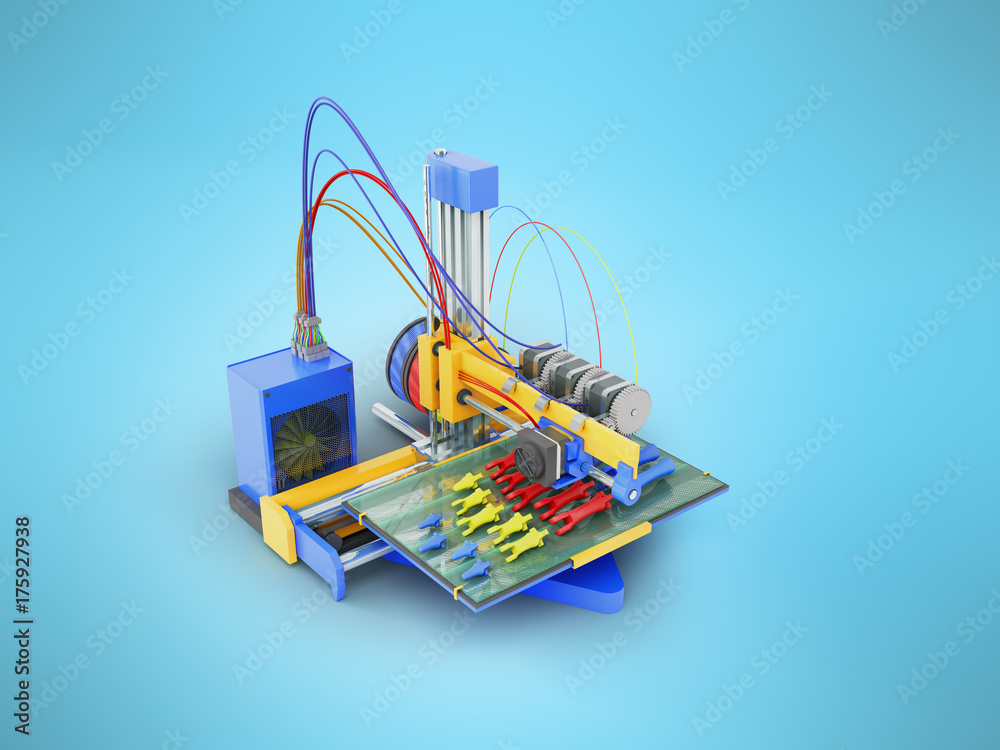 Printer 3d print the prosthesis hand in parts 3D render on blue background Printer 3d print the prosthesis hand in parts 3D render on blue background