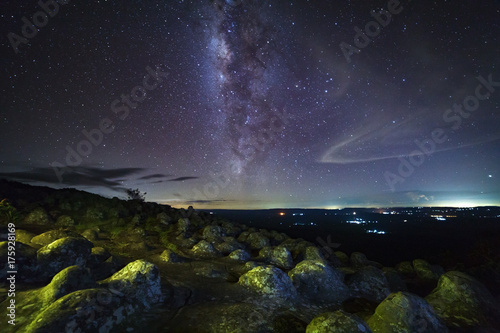 Milky way galaxy with knob stone ground is name Lan Hin Pum viewpoint at Phu Hin Rong Kla National Park in Phitsanulok, Thailand
