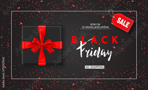 Black friday sale background with gift box and confetti. Modern design.Universal vector background for poster, banners, flyers, card.