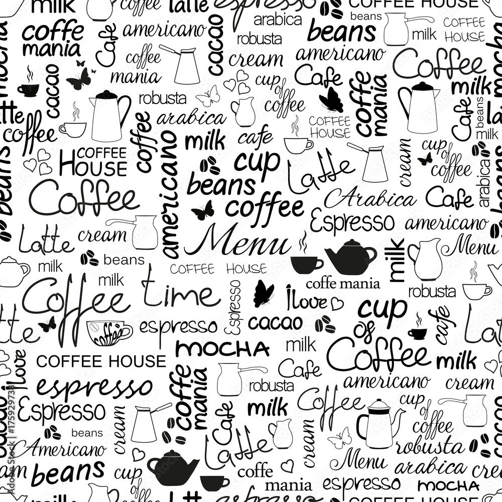 Collection of hand drawn lettering of coffee. Black and white seamless pattern.