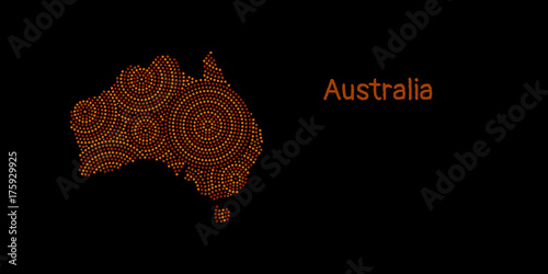 Textured Australia continent in red aboriginal dot art ornament, vector photo