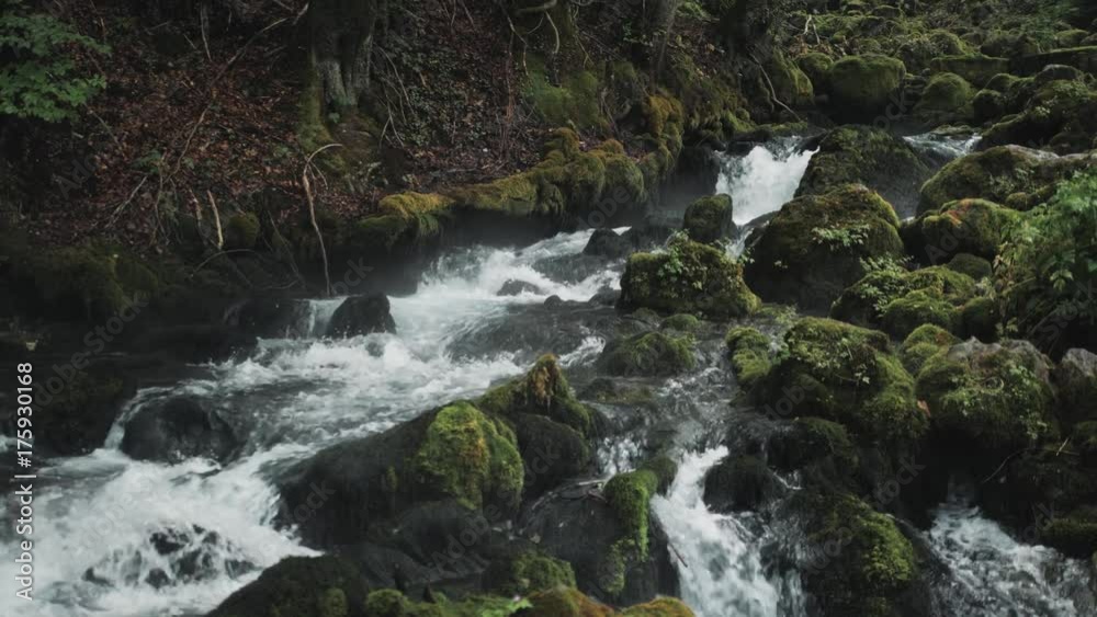Small Waterfall Flowing Down The Rocks, Mountain River Raging Among The Rocks In The Forest, Caucasian mountains, Europe. Small Waterfall Flowing Down The Rocks, Mountain River Raging Among The Rocks In The Forest, Caucasian mountains, Europe.