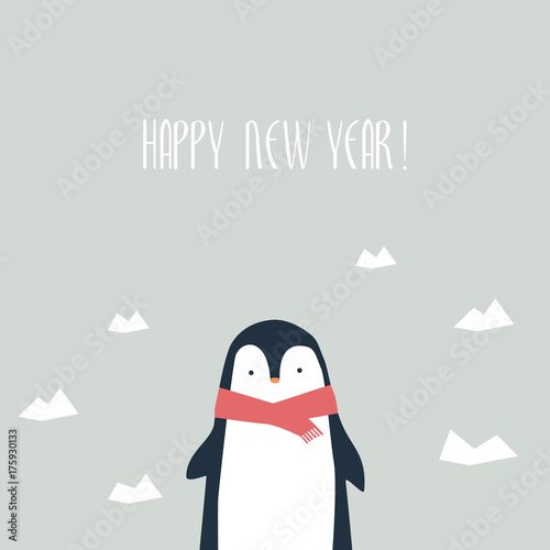 Happy new year card vector template with funny message and cute, adorable, hand drawn penguin and icebergs in background.