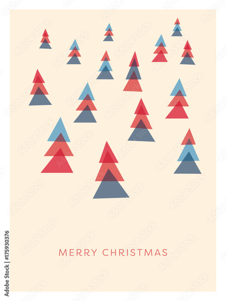 Christmas card vector template with retro abstract christmas tree in background. Minimalistic artistic holiday celebration greeting postcard.