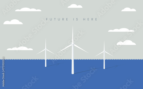 Offshore wind farm vector symbol with wind turbines. Symbol of renewable energy, electricity, power.