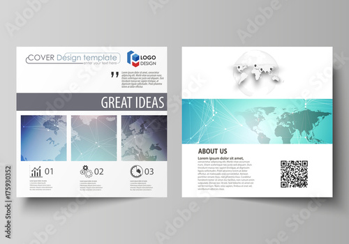 The minimalistic vector illustration of the editable layout of two square format covers design templates for brochure, flyer, booklet. Molecule structure, connecting lines and dots. Technology concept