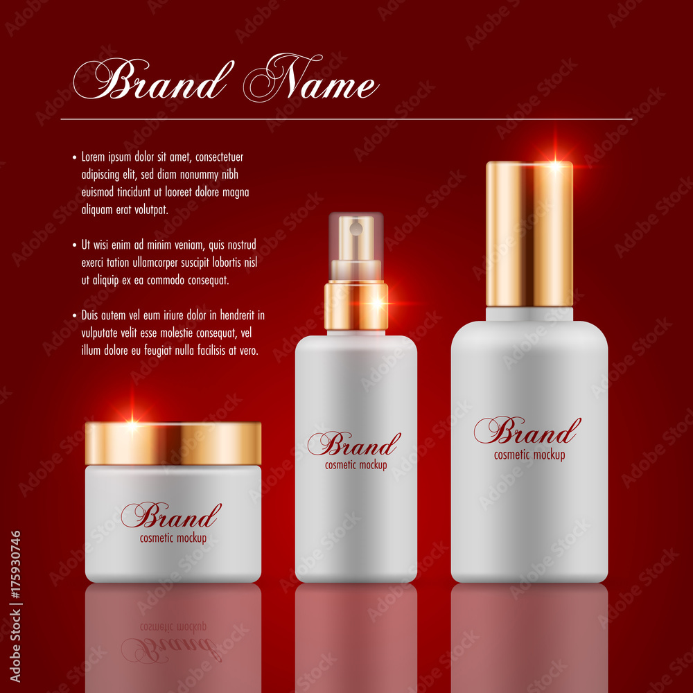 Set of cosmetic products on red background. Packaging template. Vector illustration Set of cosmetic products on red background. Packaging template. Vector illustration