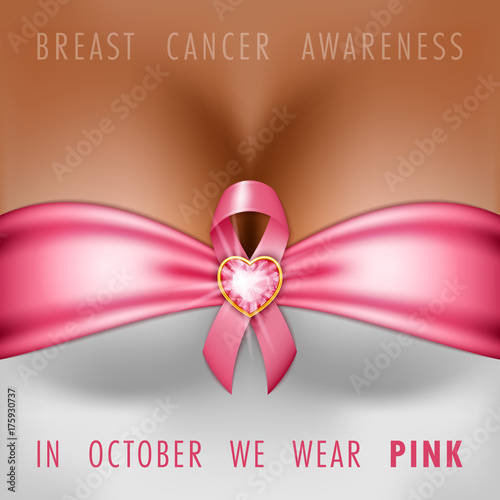 Breast cancer awareness month. Silk pink ribbon on the female bust. Vector Illustration