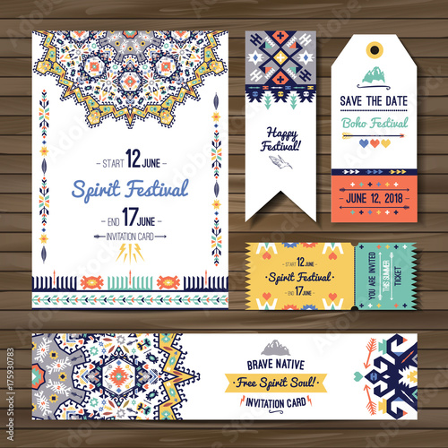 Collection of banners, flyers or invitations with geometric tribal elements. Flyer design in bohemian style