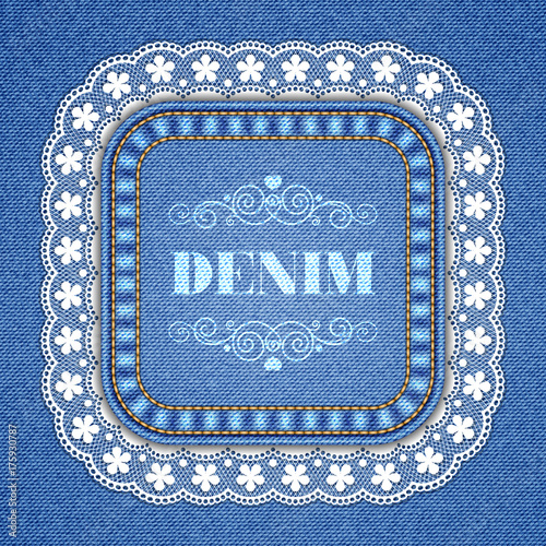 Square patch with lace border on denim background. Vector Illustration