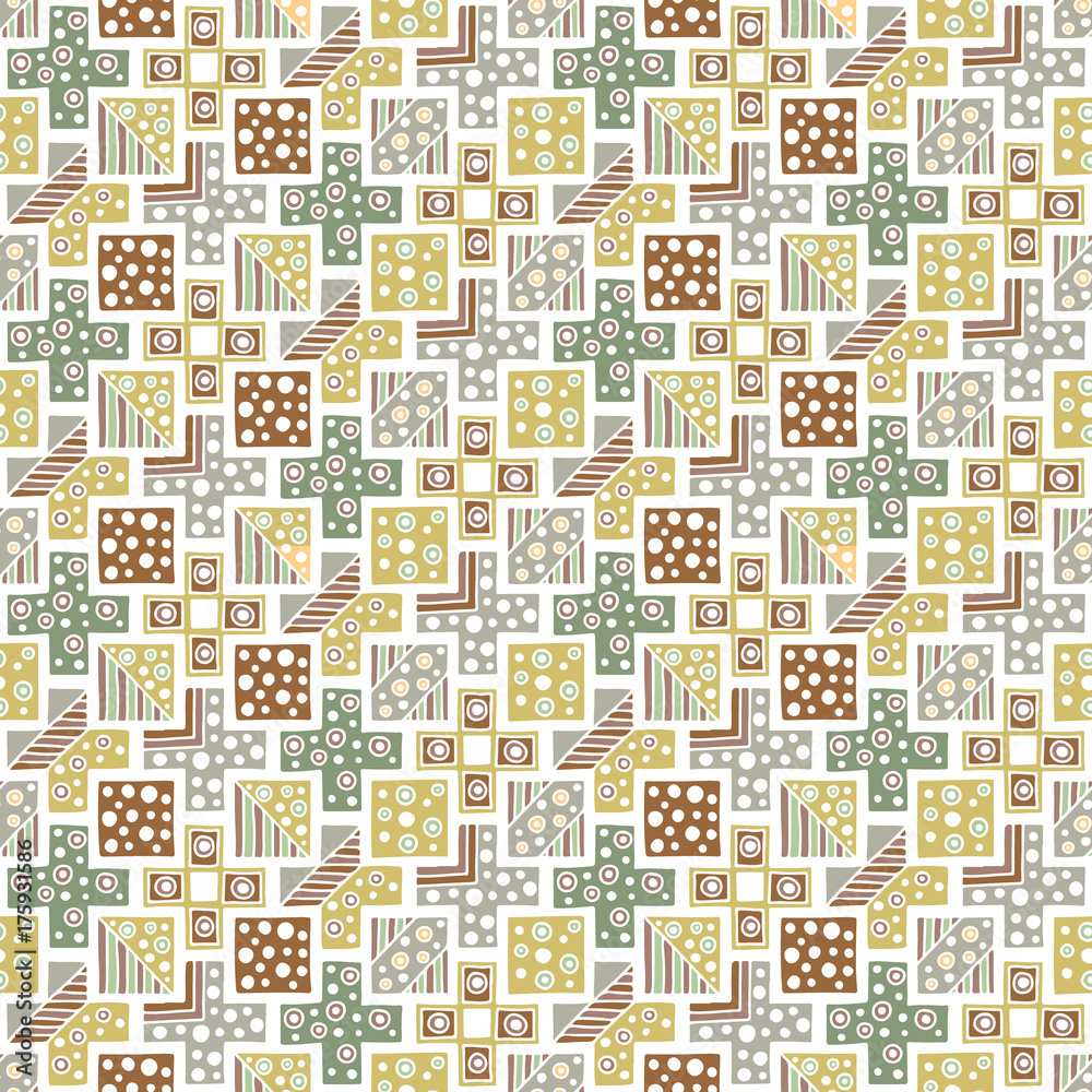 Seamless vector pattern. Geometrical background with hand drawn decorative tribal elements in vintage brown pastel colors. Print with ethnic, folk, traditional motifs. Graphic vector illustration. Seamless vector pattern. Geometrical background with hand drawn decorative tribal elements in vintage brown pastel colors. Print with ethnic, folk, traditional motifs. Graphic vector illustration.