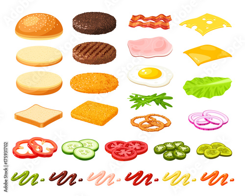 Set of ingredients for burger and sandwich . Sliced veggies, bun, cutlet, sauce. Vector illustration cartoon flat icon collection isolated on white.
