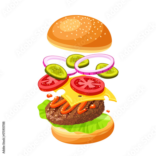 Hamburger cooking. Set of ingredients for burger . Sliced veggies, bun, cutlet, sauce. Vector illustration cartoon flat icon collection isolated on white.