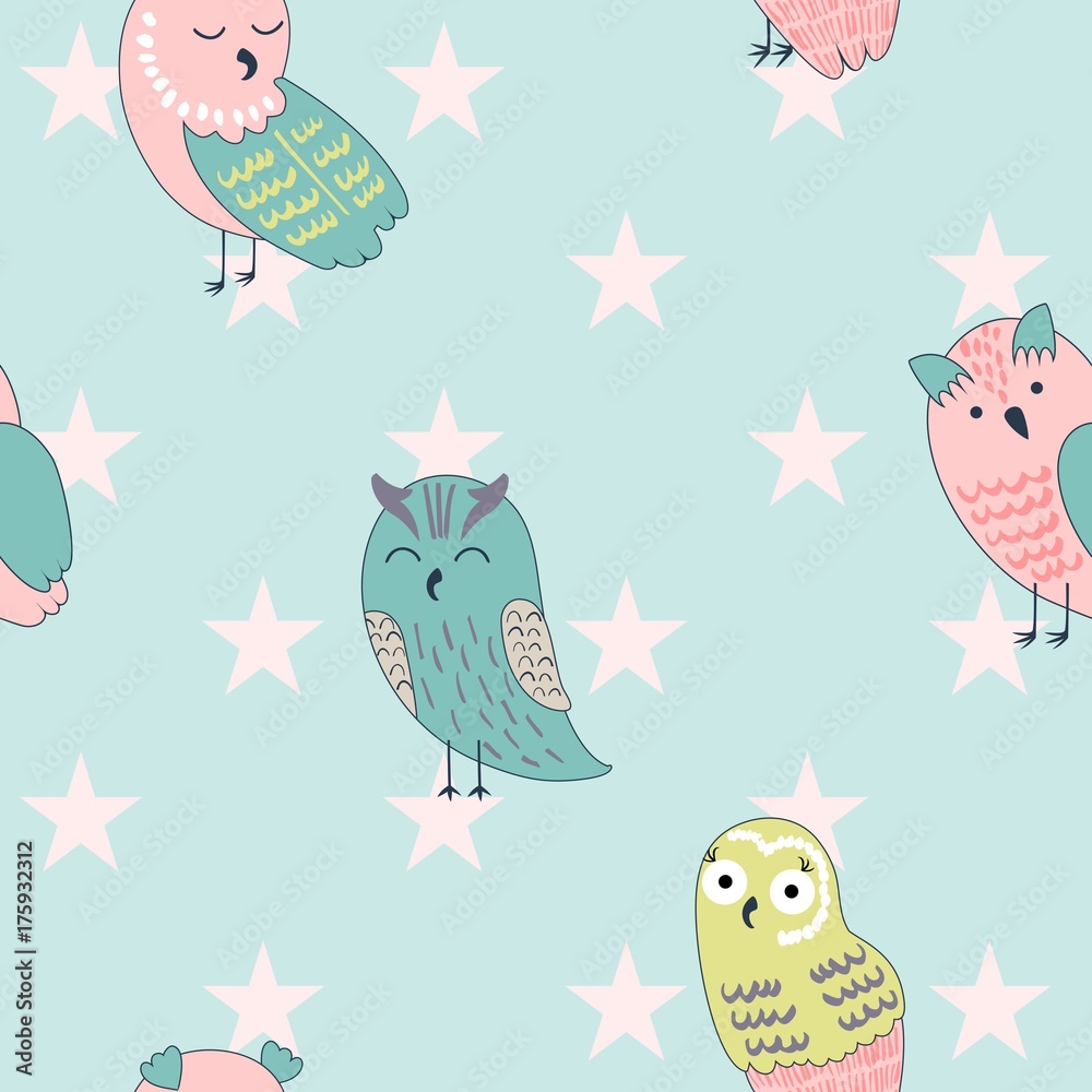 Obraz premium Vector seamless pattern with owls and stars