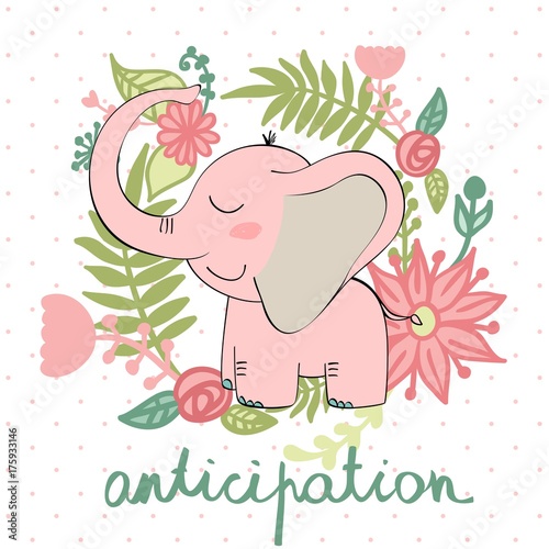 vector illustration of a cartoon happy elephant. Anticipation.
