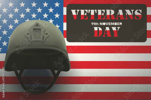 Military helmet on the background of the American flag with Veterans day Poster of WWII or modern wars. Vector Illustration.