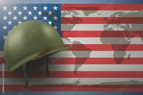 Fototapeta Military helmet on the background of the American flag with world map