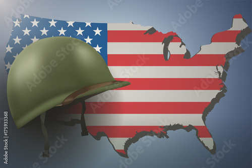 Military helmet on the background of the US flag and American continent. Veterans day Poster of WWII or modern wars. Vector Illustration. photo
