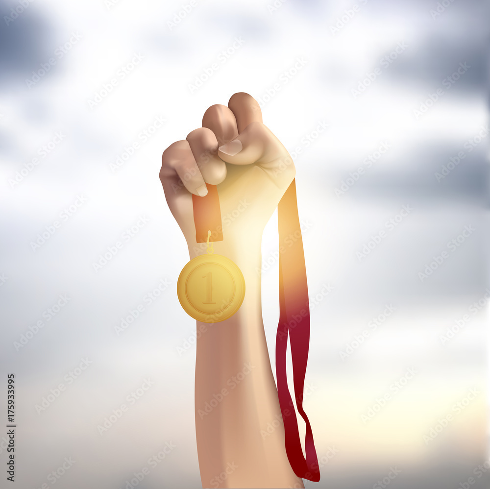 Male hand holding gold medal against the sky. Vector illustration Stock ...