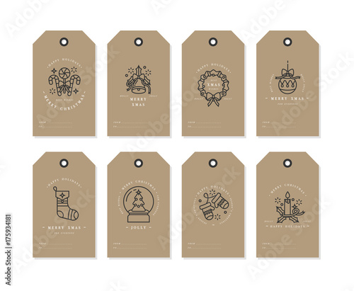 Vector linear design Christmas greetings elements on white background. Christmas tags set with typography
