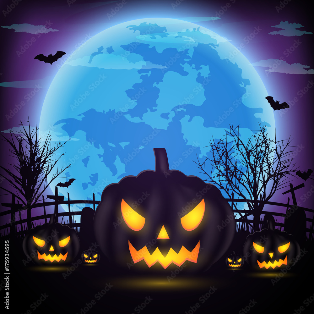 Halloween night background with pumpkin, naked trees, bat and full moon with dark background