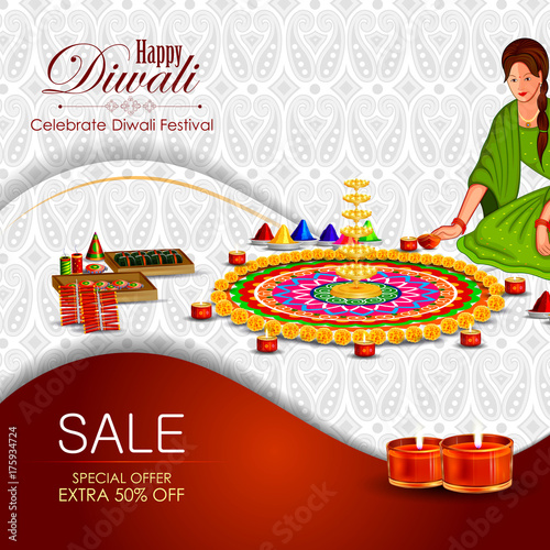 Illustration of decorated diya for Happy Diwali holiday background