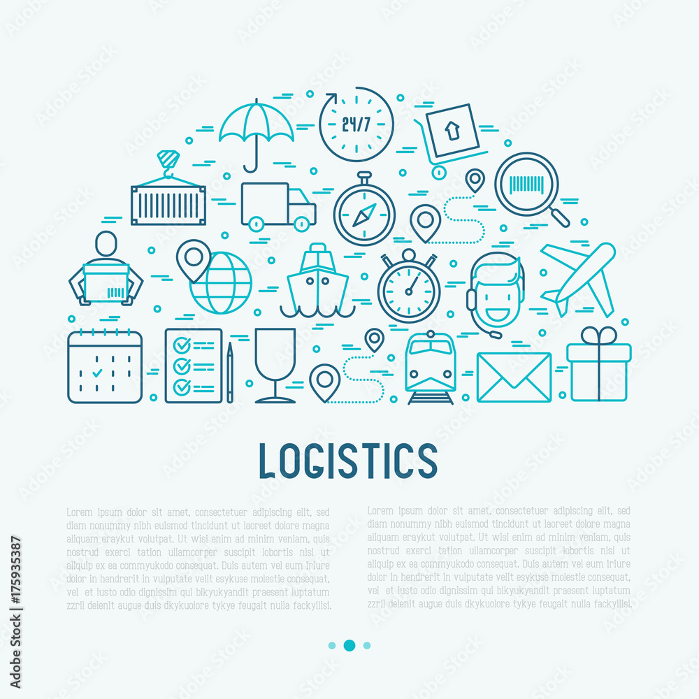Logistics concept in half circle with thin line icons of delivery, box, airplane, train, marine, crane, globe with pointer. Vector illustration for banner, web page, print media. Logistics concept in half circle with thin line icons of delivery, box, airplane, train, marine, crane, globe with pointer. Vector illustration for banner, web page, print media.