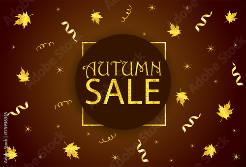 Autumn Sale banner, poster. Gold text, ribbons and leaves.