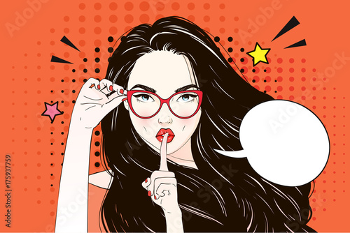 Pop Art Vintage advertising poster comic girl with speech bubble. Pretty girl holds her glasses and look at you vector illustration