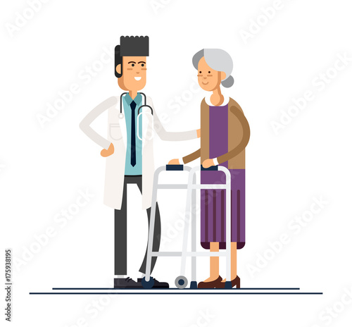 Male doctor helps her grandmother to go to the walker. Caring for the elderly. Vector illustration