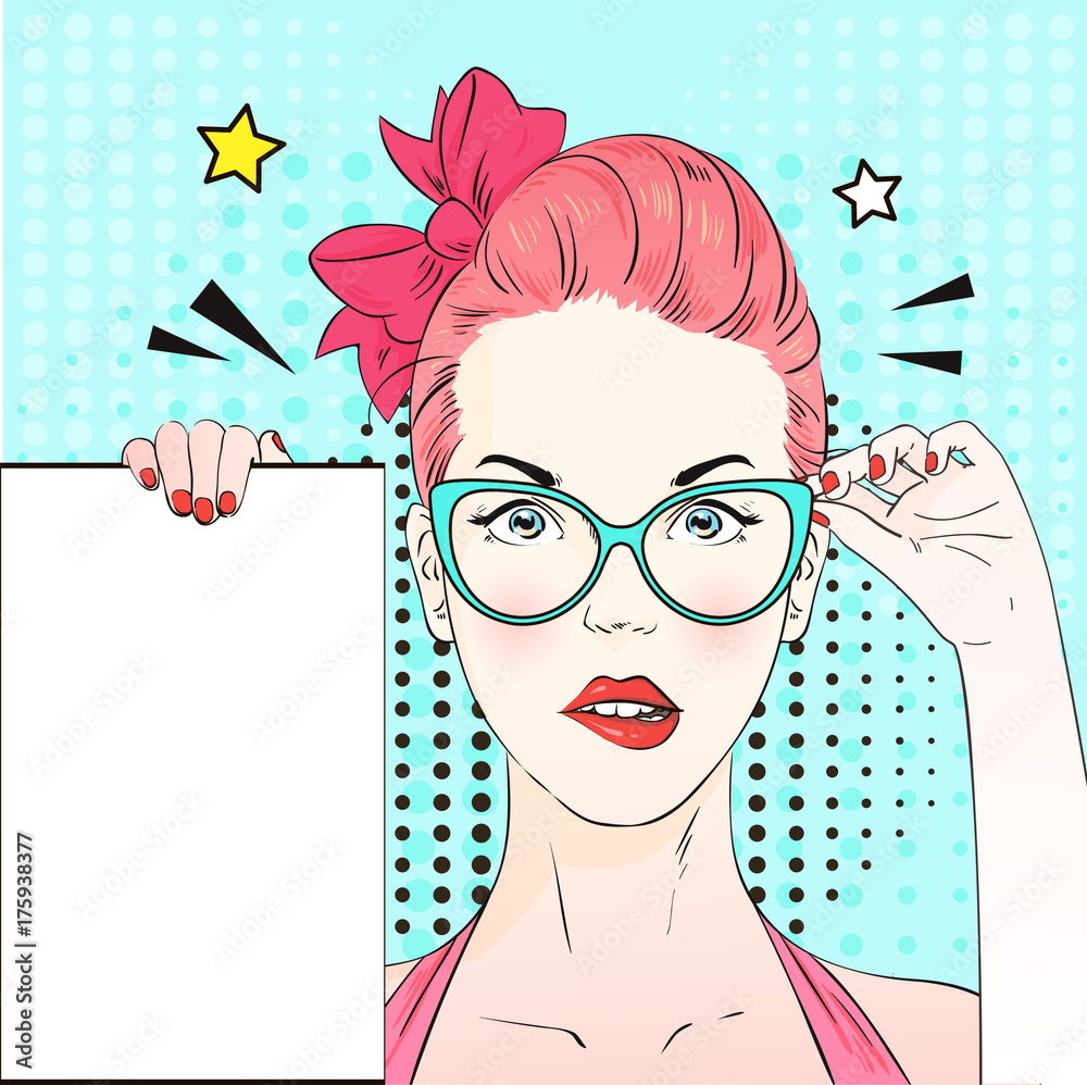 Pop Art Vintage advertising poster comic pink hair girl in blue cat-yey ...