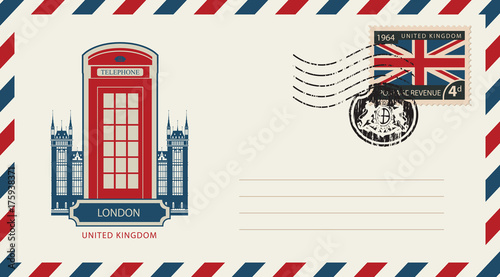 Vector envelope with London telephone booth, a postage stamp with flag of United Kingdom and rubber stamp in form of royal coat of arms