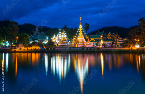 Beautiful of light with blue sky of Wat Wat Chong Klang temple and Wat Chong Kham temple is the travel destination most popular tourist attractions in Mae Hong son near Chiang Mai province, Thailand